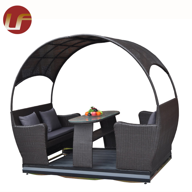 Patio de ocio moderno, muebles de mimbre sintético, tumbona de salón de ratán PE para exteriores con mesa