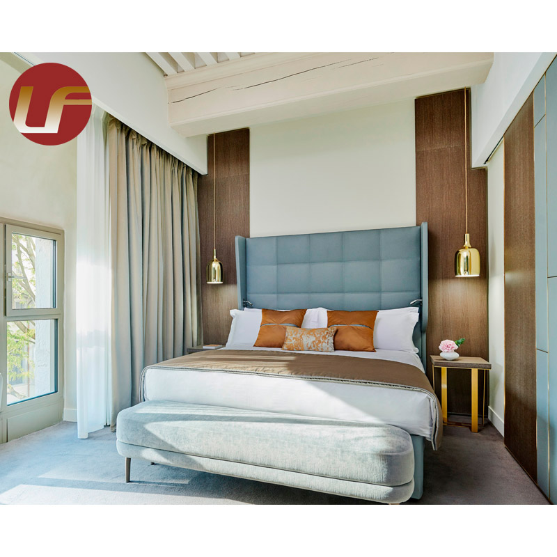 Muebles de dormitorio de hotel de lujo Cama de cuero tamaño king de madera maciza de pino